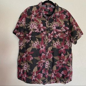 Mens Black Maroon Hawaiian Floral Button Down Shirt Size XXL